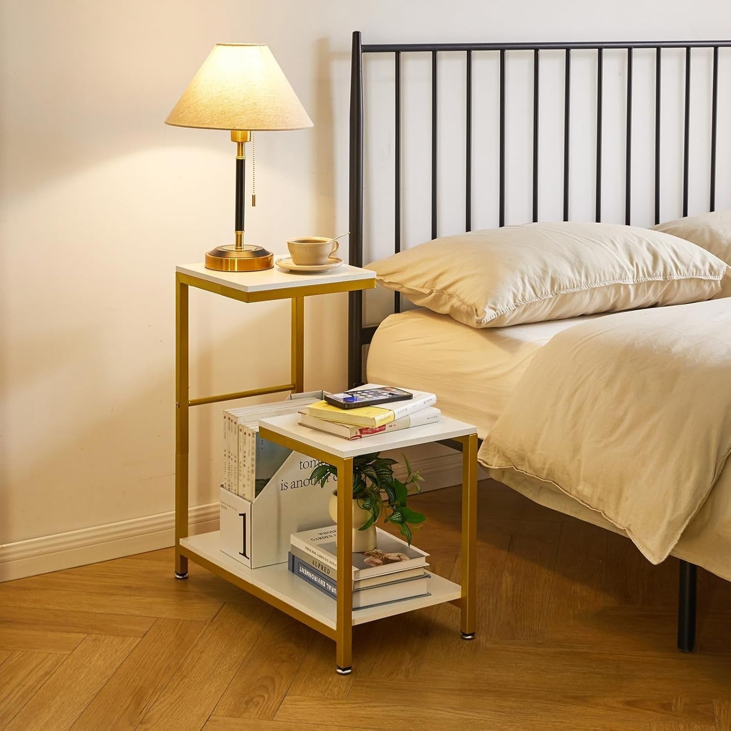 White G-Shaped Side Table 29x60x63.5 cm | Small End Table w/ 3-Tier Storage