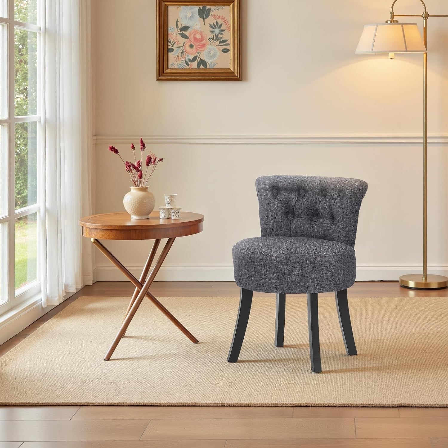 Dark Grey High-Back Dressing Table Chair, Comfy Linen Vanity Seat Wooden Legs