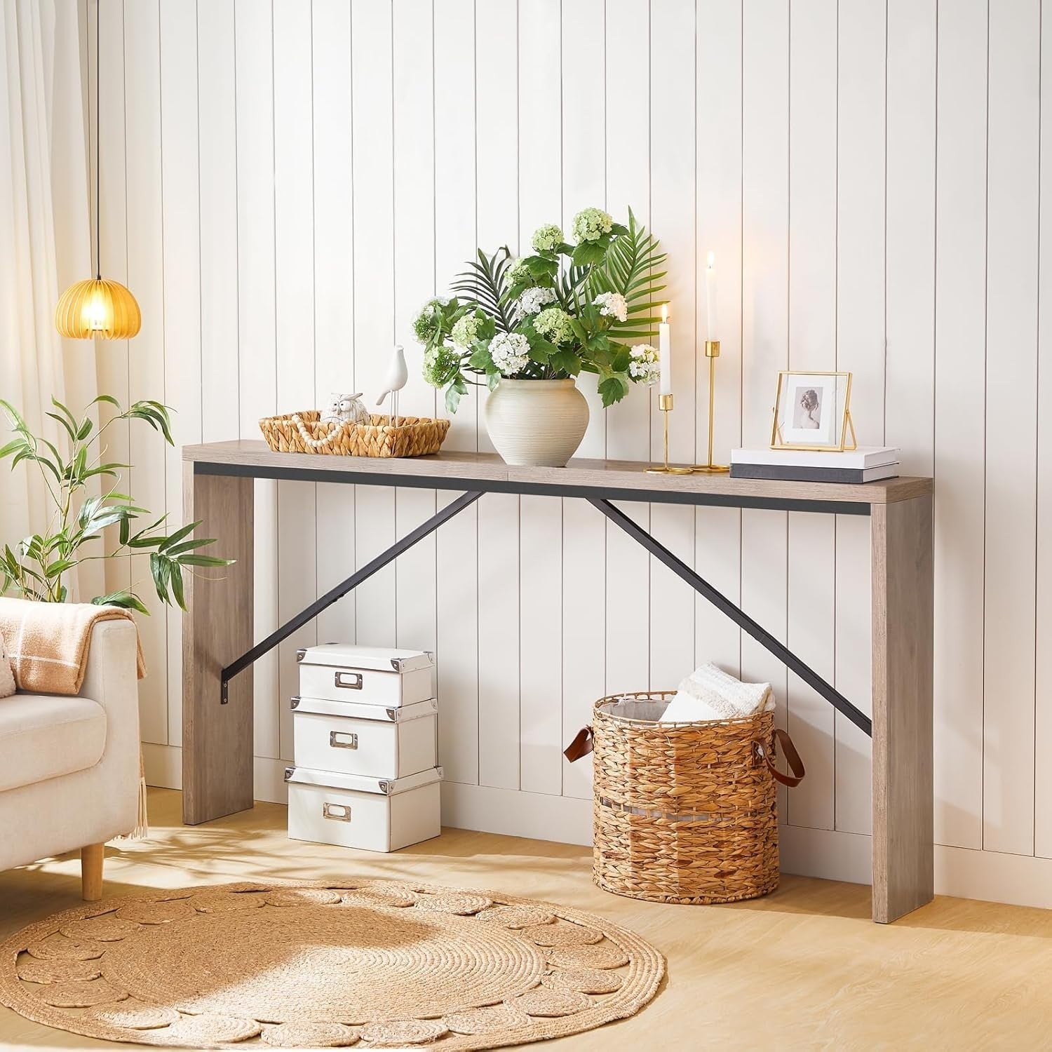 Industrial Console Table 62.2" Long with Metal Frame & Storage for Entryway