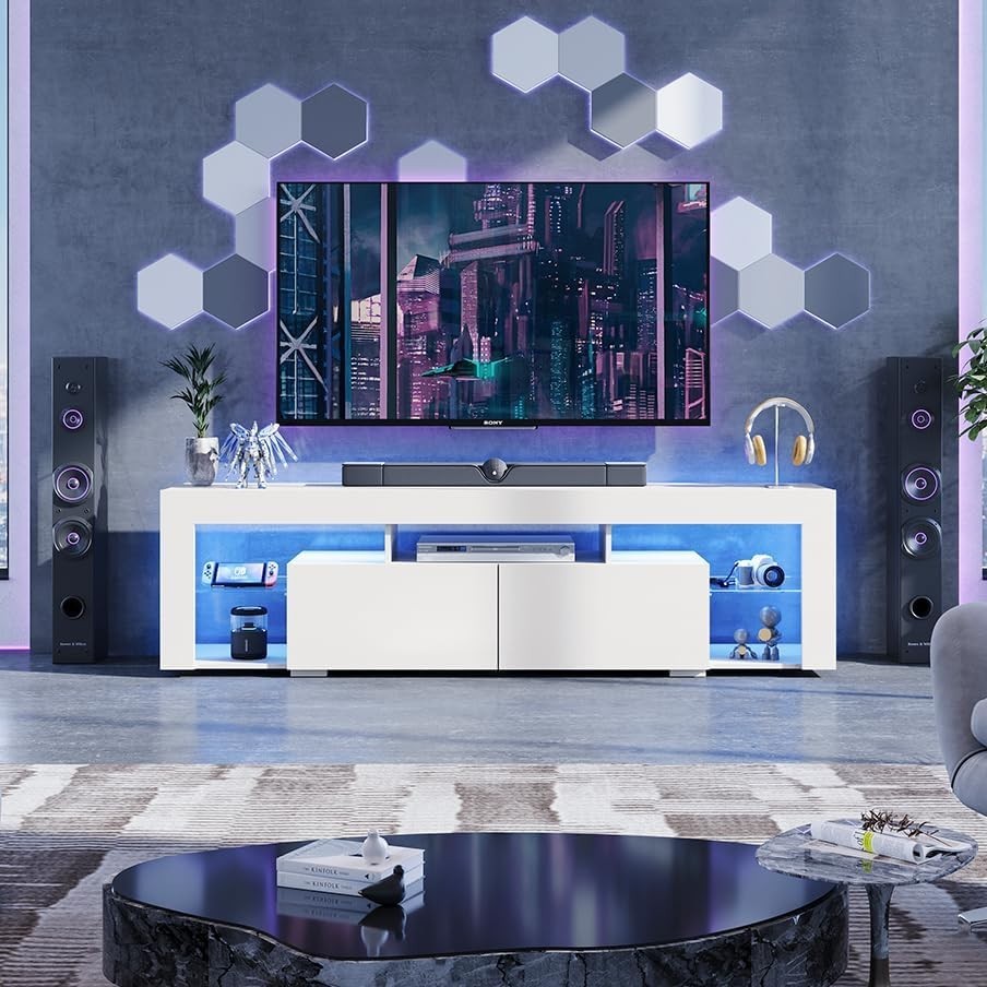 160cm White TV Unit Stand with RGB LED, Storage Drawers & Shelves, 75" Fit