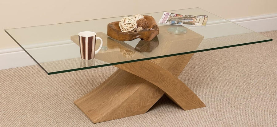 Modern Glass & Oak Coffee Table 135x80cm X-Shape Base Stylish Living Room