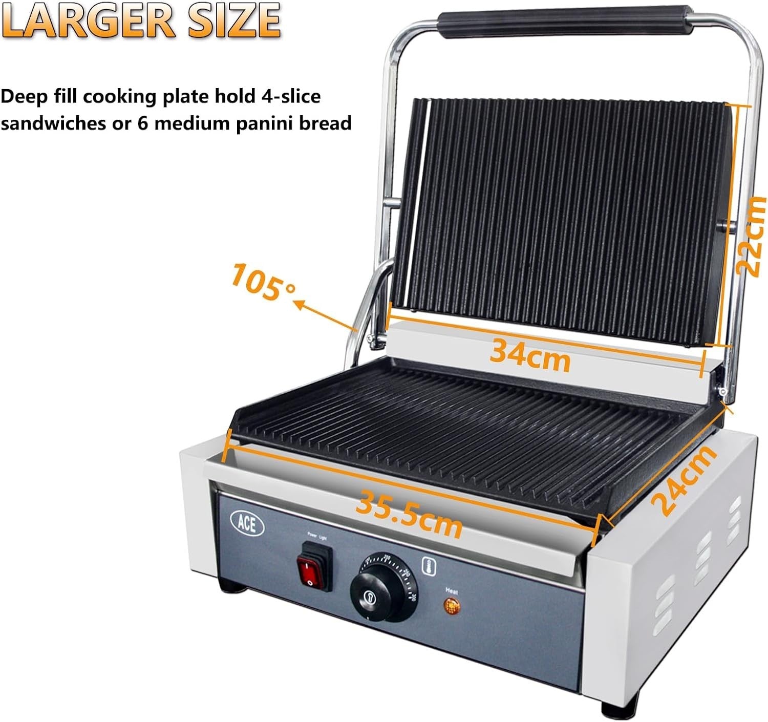 Commercial Panini Press 2200W 34x22cm Ribbed Grill Blue