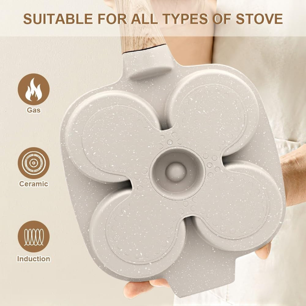 4-Cup Egg Pan Non-Stick Pancake Skillet w/ Lid & Detachable Handle White