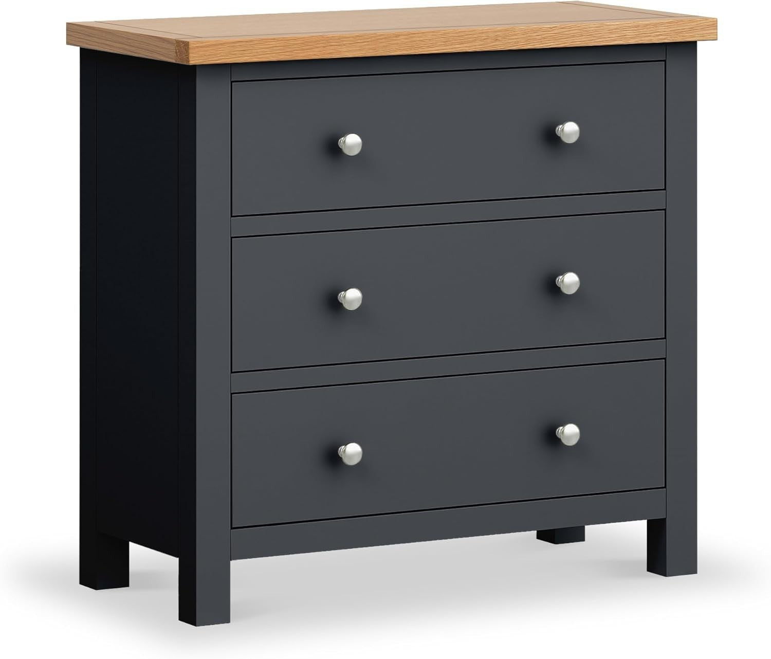 Charcoal 3 Drawer Chest Solid Wood Oak Top Small Bedroom Storage Unit