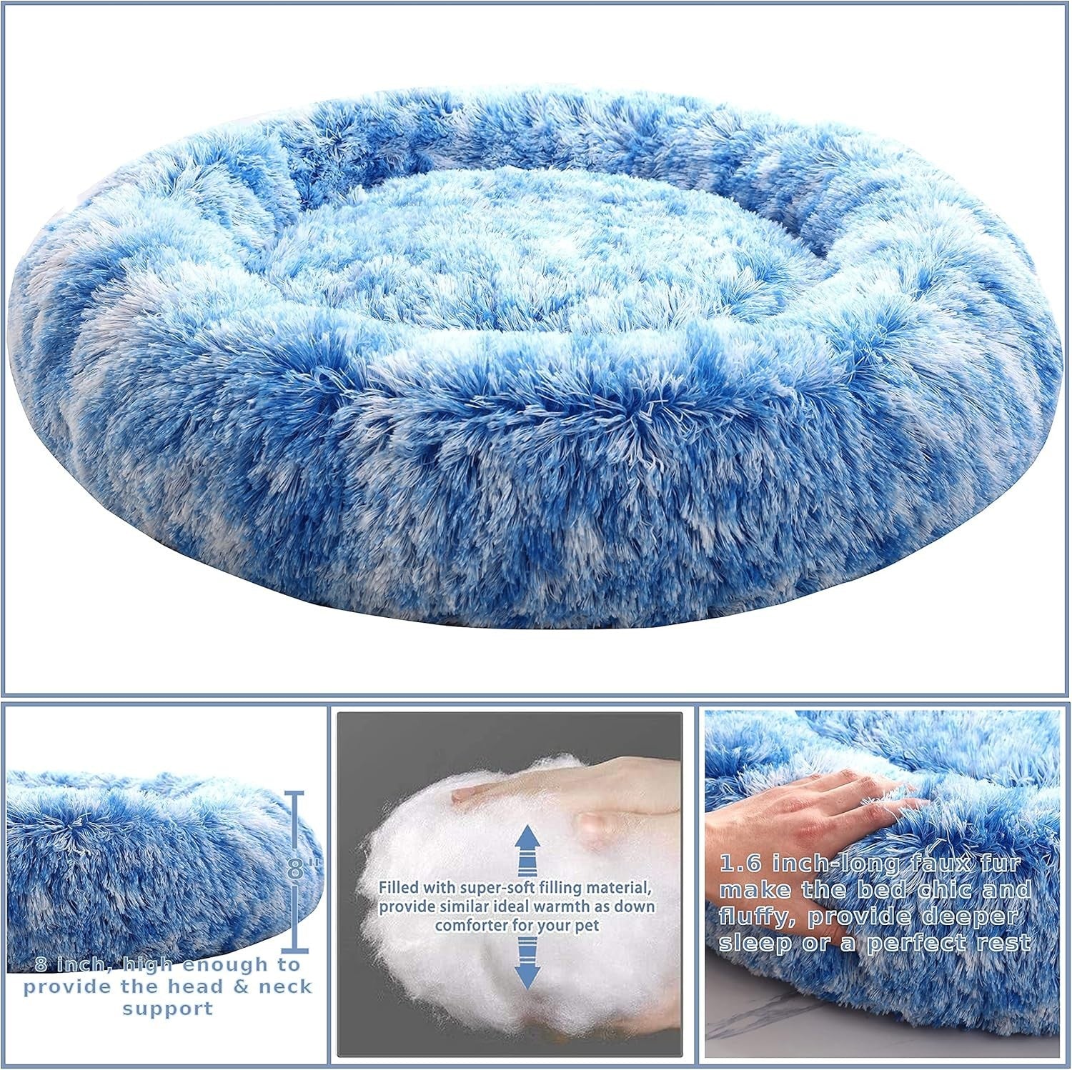 XXL Calming Donut Dog Bed 100cm Anti Anxiety Faux Fur Blue