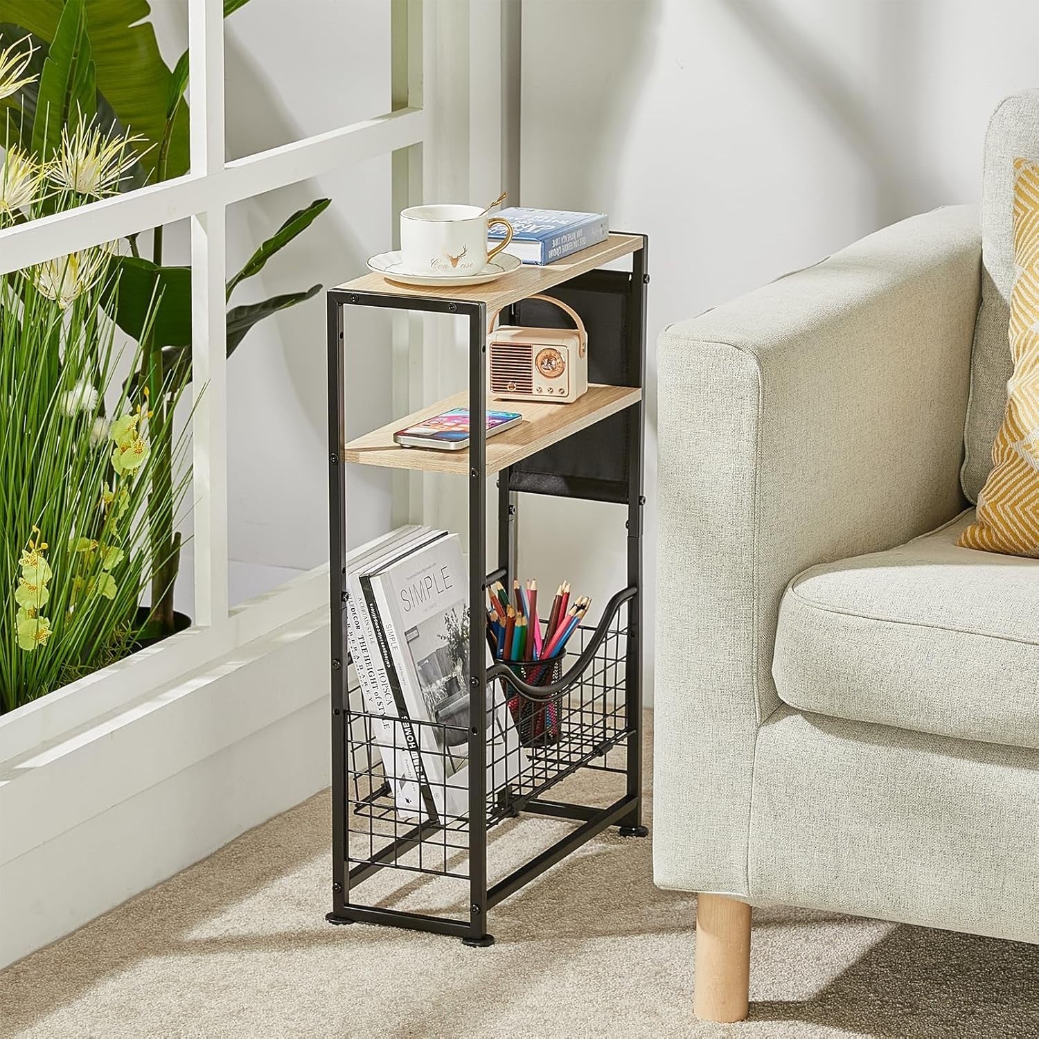 3-Tier Narrow Side Table 30x30x50 cm | Slim End Table w/ Magazine & Fabric Stora