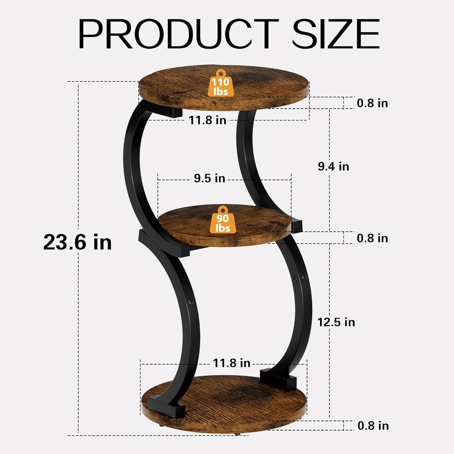 3-Tier Round Small Side Table with Storage, Rustic Brown S-Shaped End Table
