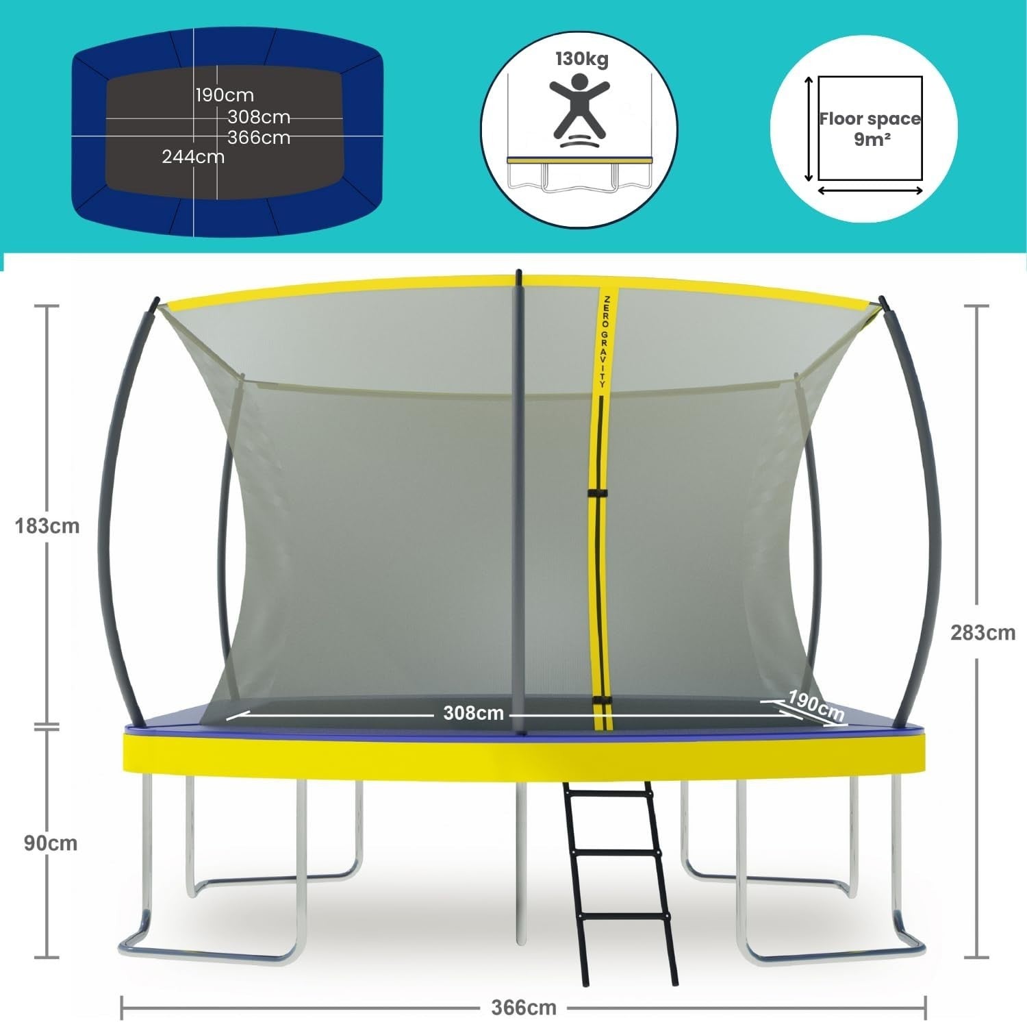 Rectangular Garden Trampoline 3.66x2.44m Safety Enclosure Ladder 130KG