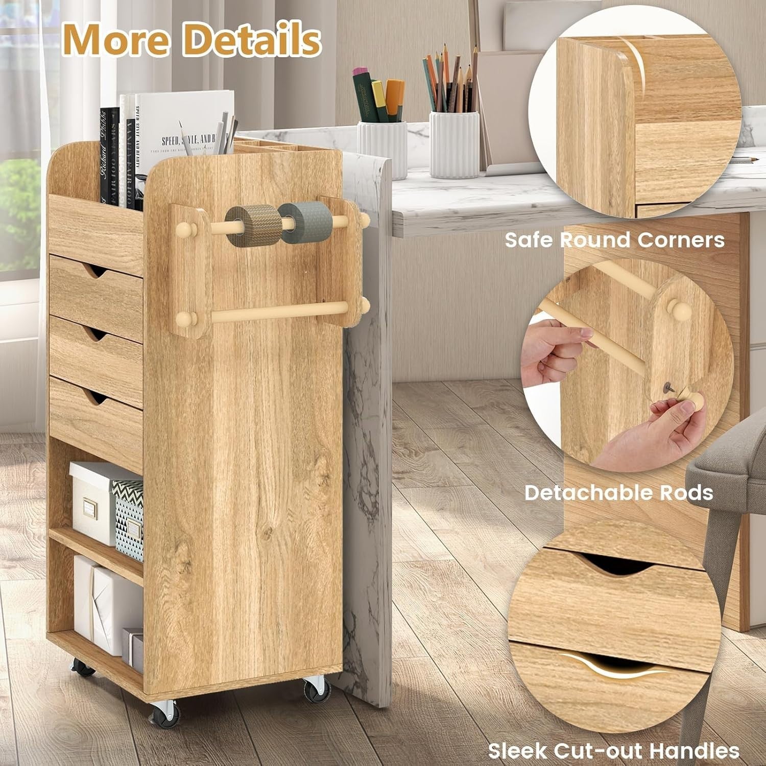 Natural Mobile File Cabinet 86cm 3 Drawer Under Desk Storage
