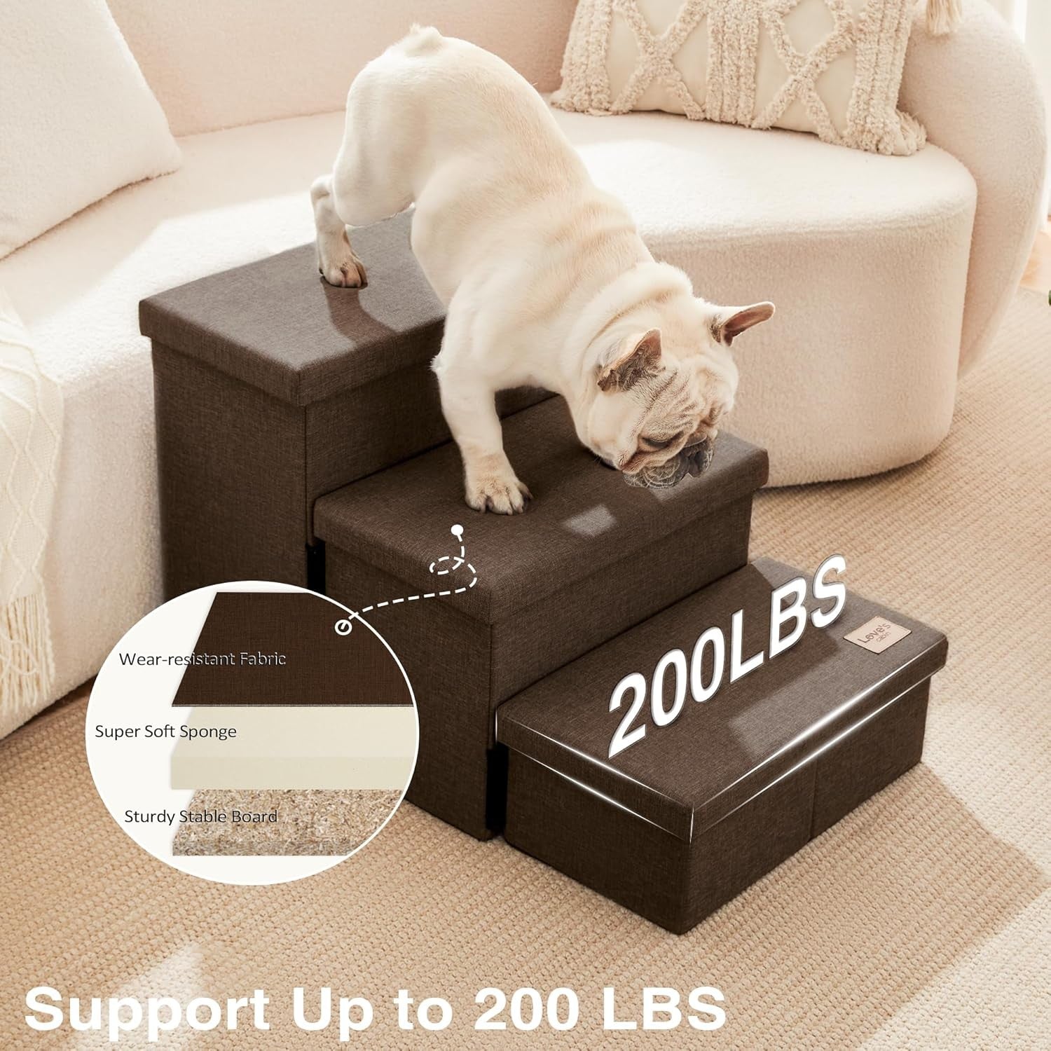 Dog Stairs 3 Step with Storage 18" High Foldable Pet Steps Coffee
