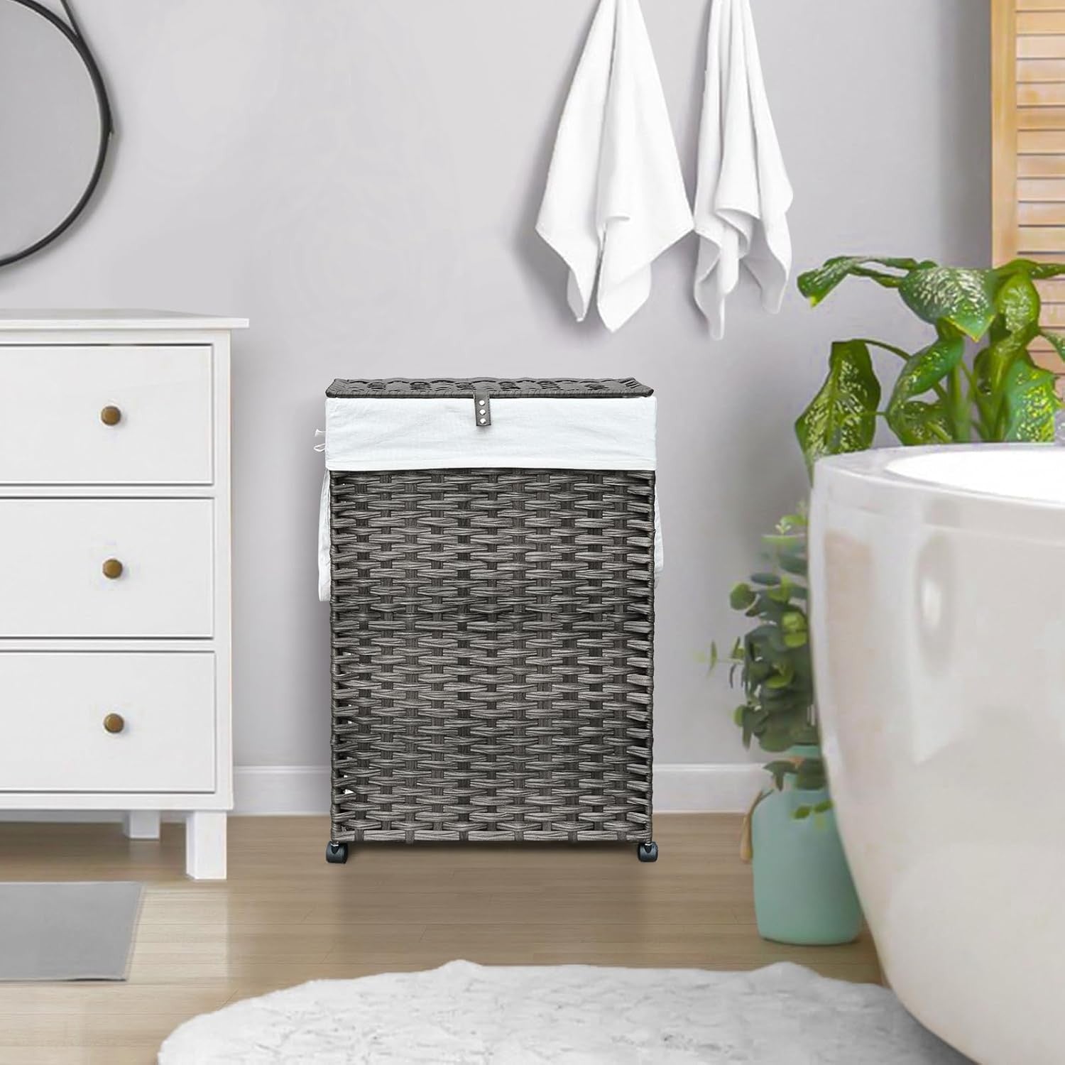 70L Slim Rattan Laundry Hamper Grey with Wheels 2 Liner Bags Tall Basket