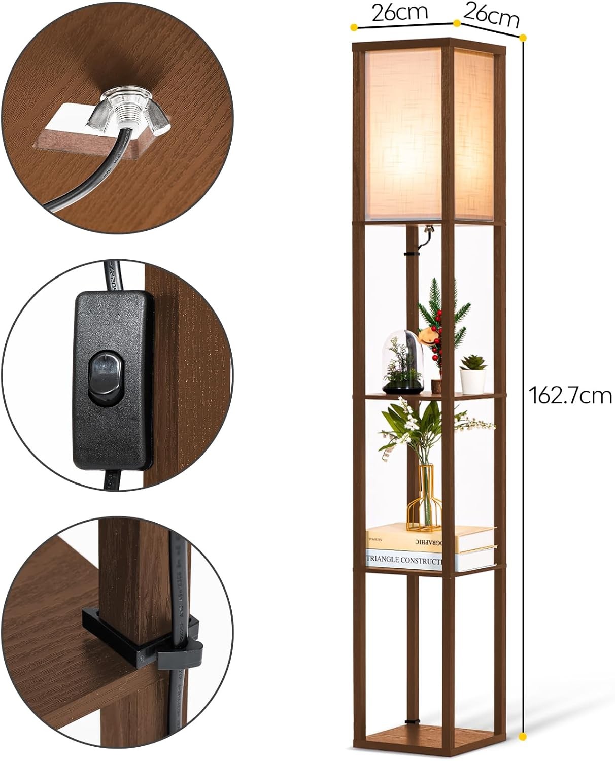 Floor Lamp with Shelves Wooden Standing LED Light Storage Display Walnut