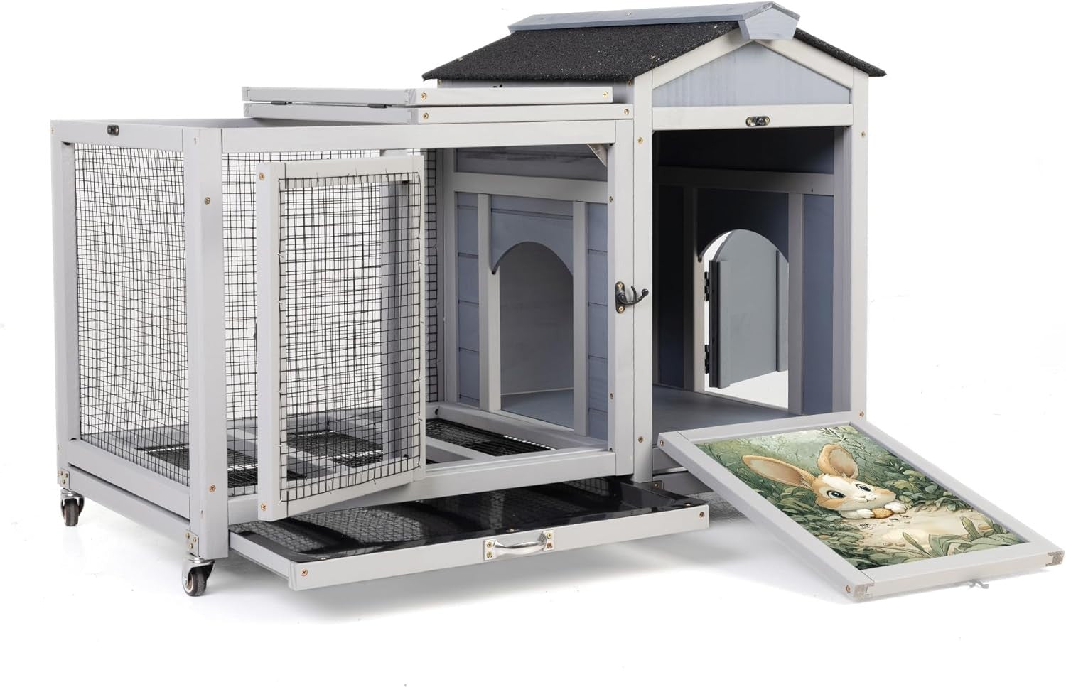 Large Wooden Rabbit Hutch Indoor Outdoor with Tray Lock Waterproof Roof