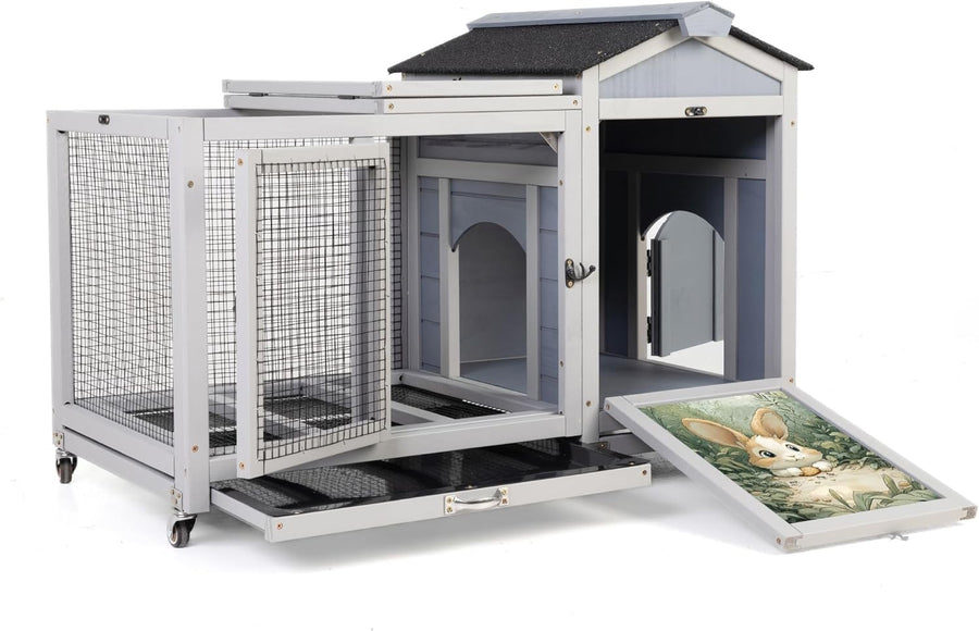 Large Wooden Rabbit Hutch Indoor Outdoor with Tray Lock Waterproof Roof