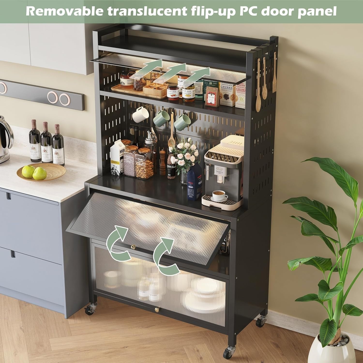 80x36x162cm Black 5-Tier Kitchen Baker's Rack with Flip Doors & Wheels