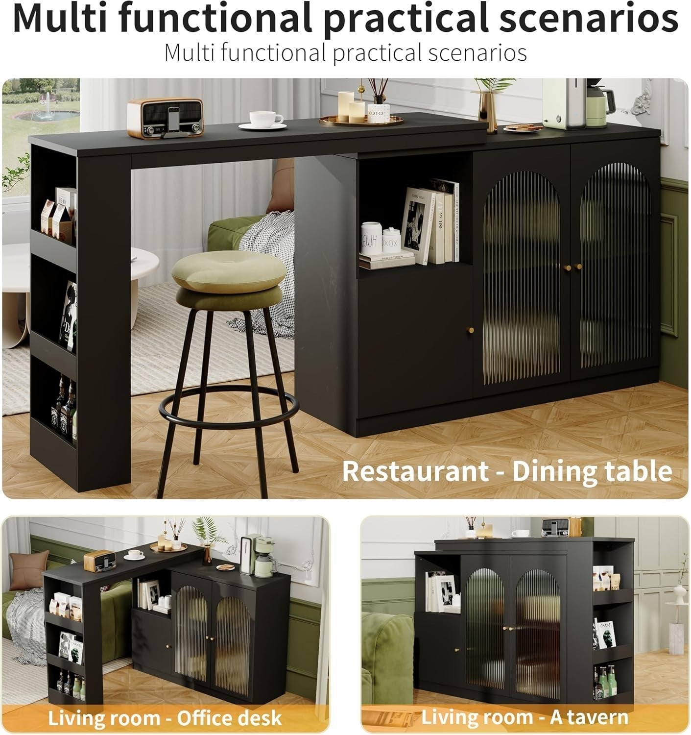 360° Rotating Kitchen Island Bar Cabinet with Glass Doors & Storage Shelves