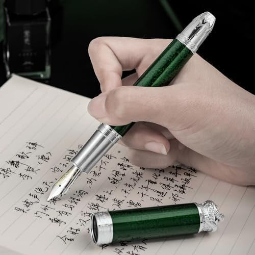 Emerald Green Piston Fountain Pen Fine Nib Snake Engraved Metal Gift Set