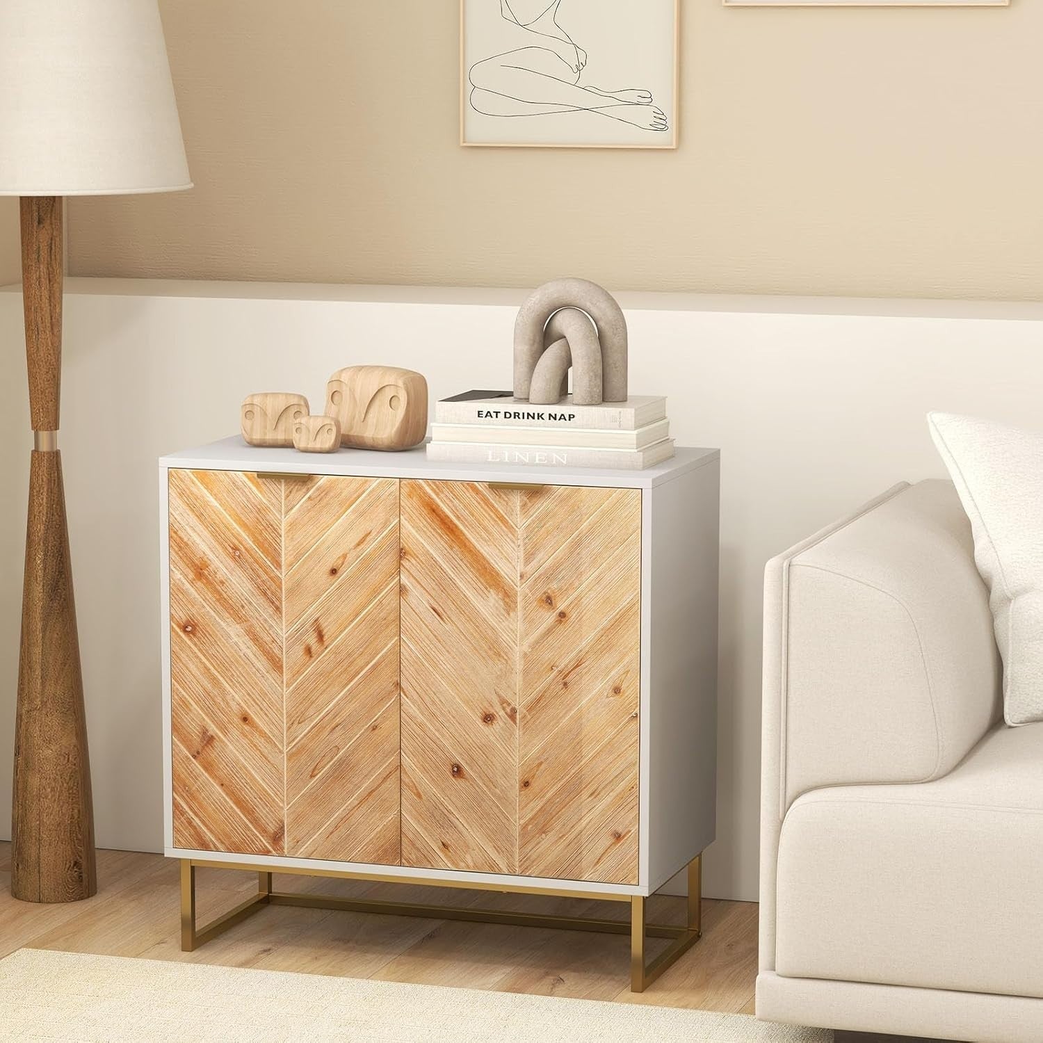 White 2 Door Sideboard Cabinet with Storage, Metal Legs, Modern Console