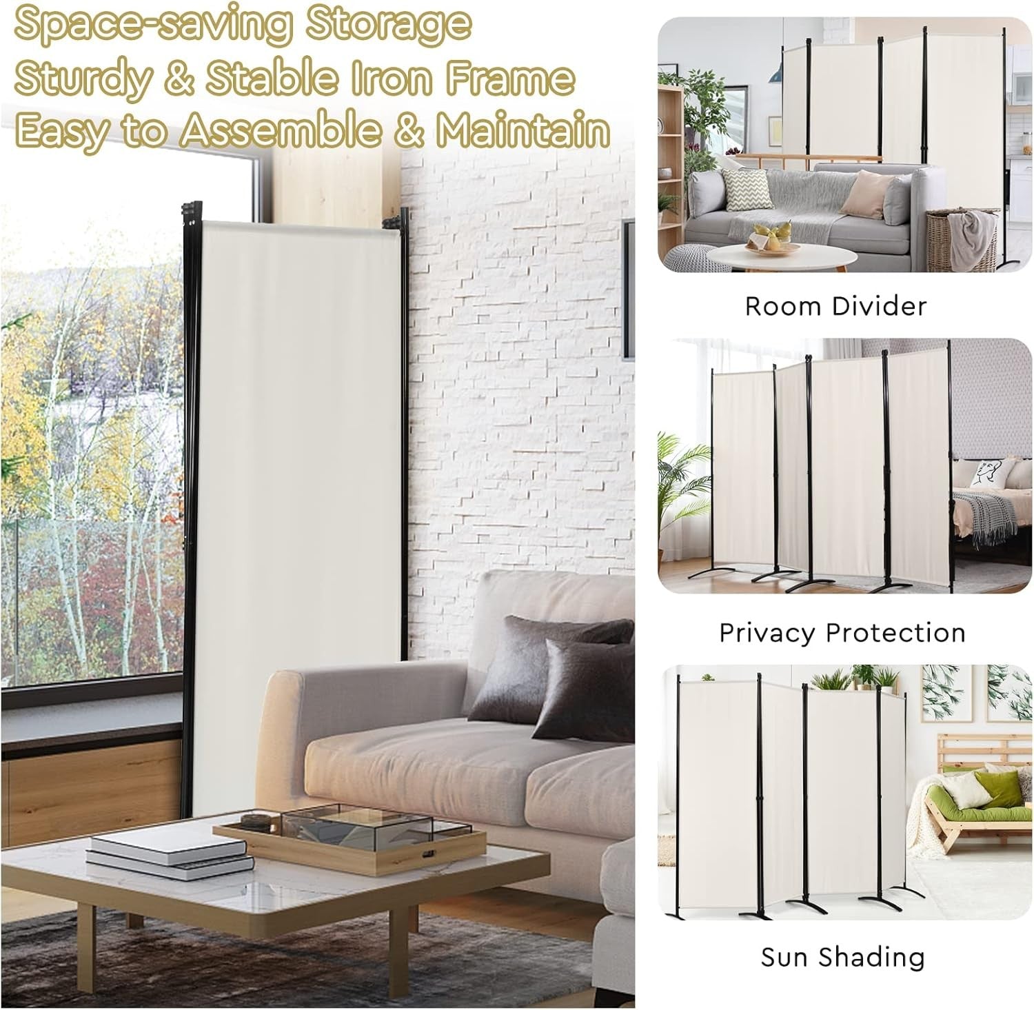 4 Panel Folding Room Divider Privacy Screen Freestanding Partition Wall Cream