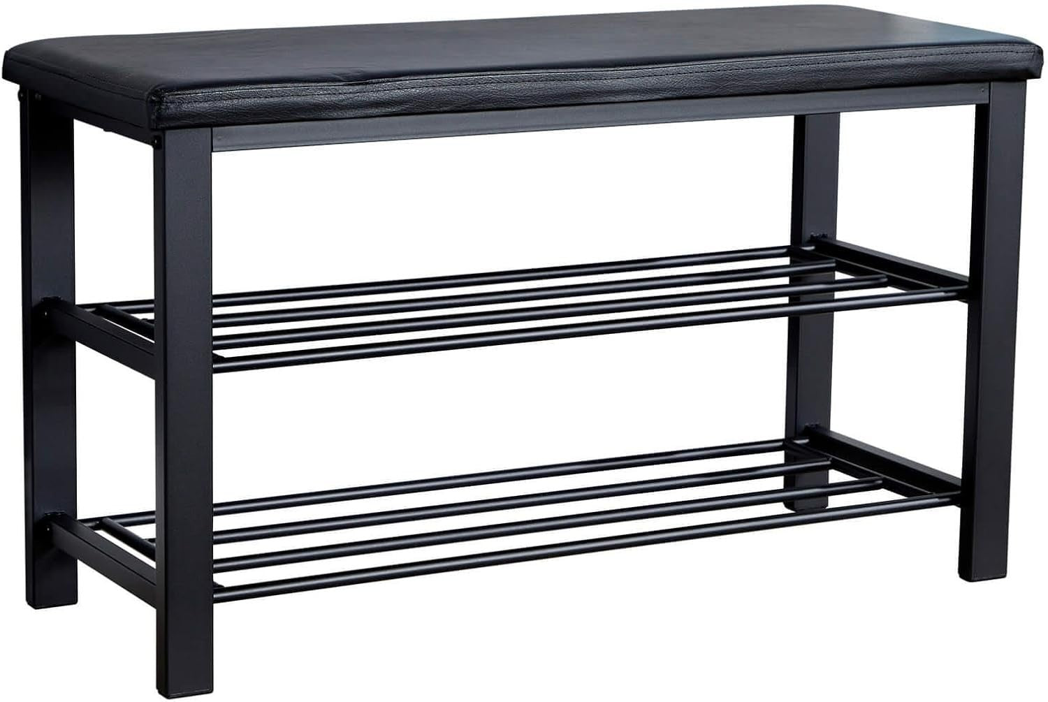 Black Shoe Storage Bench with PU Cushion & 2 Shelves – Metal Hallway Unit