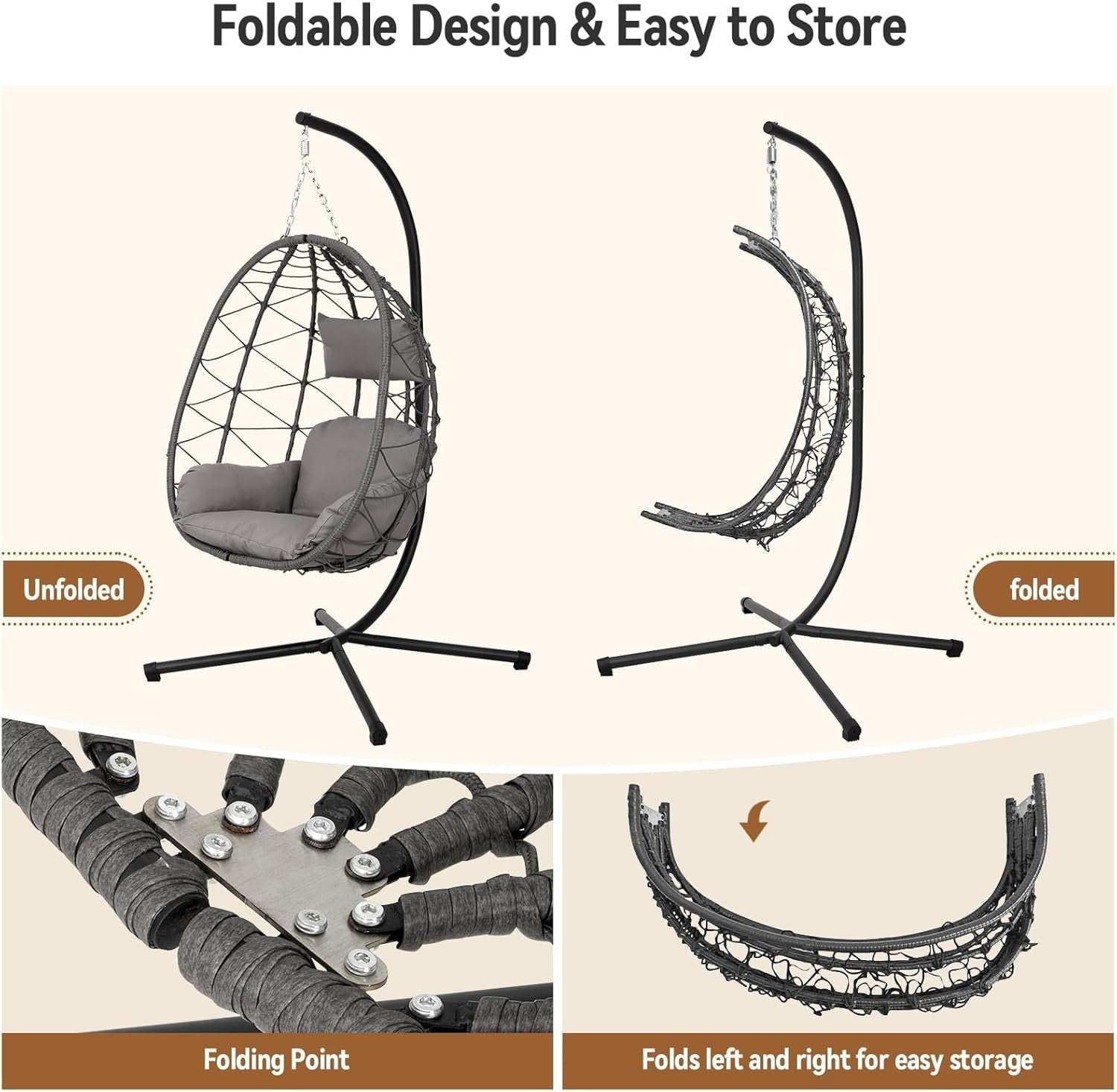 Hanging Egg Chair with Stand Cushioned Rattan Swing Seat for Garden Balcony
