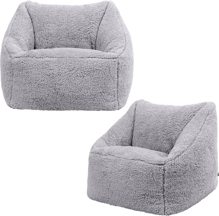 2x Grey Kids Fleece Bean Bag Chairs Set for Bedroom, Nursery, Playroom