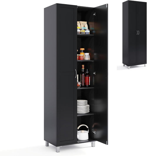 Tall Black Kitchen Cupboard 2 Door Storage Cabinet with Adjustable Shelves