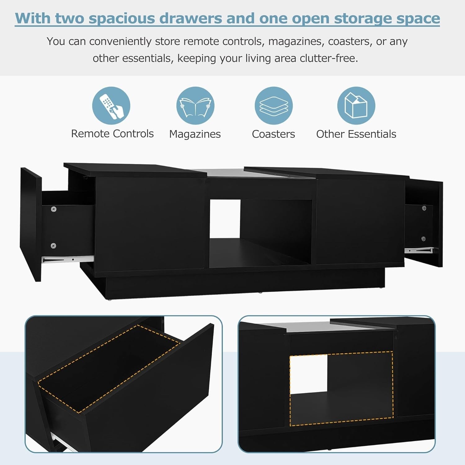 LED Coffee Table with Storage & 2 Drawers – Modern Tempered Glass, RGB Lights
