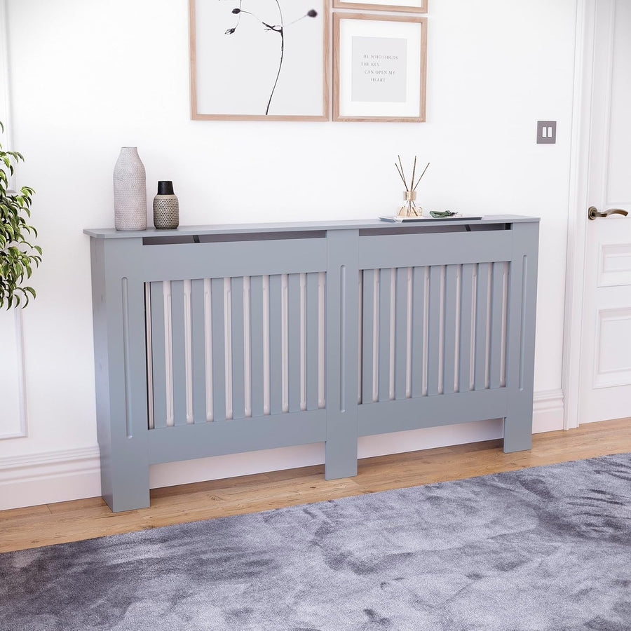 Large Grey Radiator Cover | Modern Slatted MDF Heating Cabinet