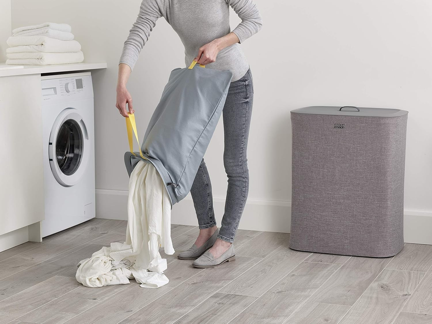 90L Dual Compartment Laundry Basket with Lid Removable Bags Grey Modern