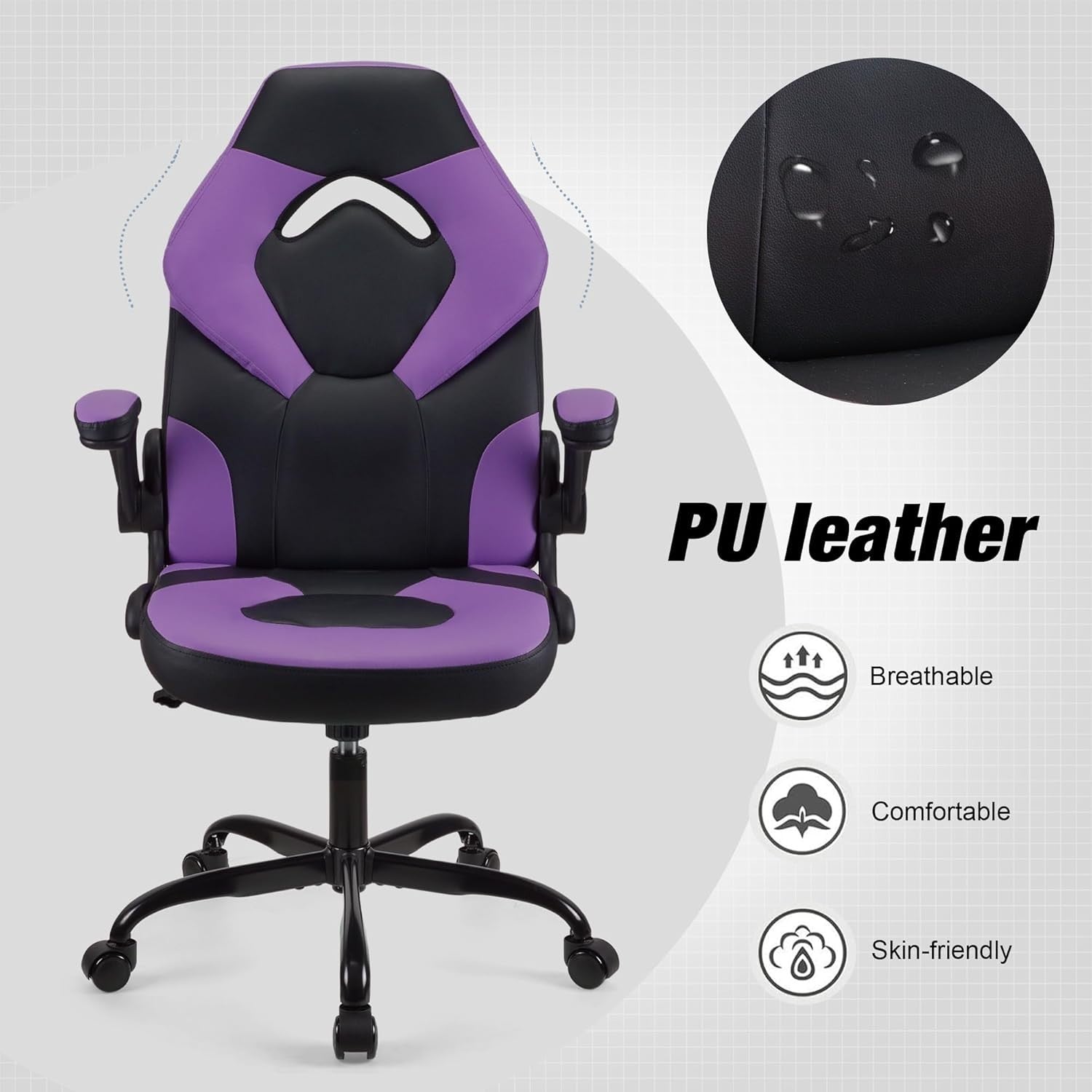 Purple Gaming Chair Office Racing Swivel PU Leather Ergonomic Headrest 200kg