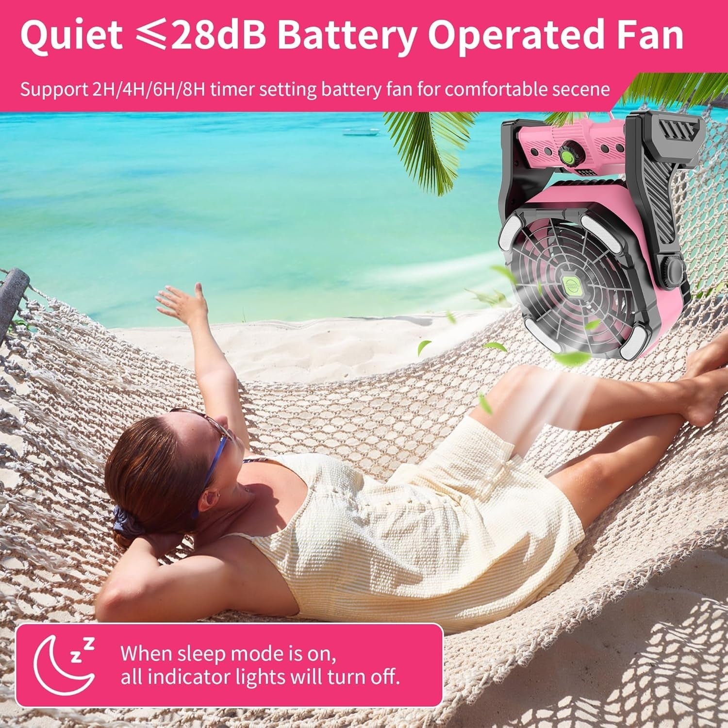 20000mAh Pink Camping Fan – Rechargeable 4-Speed Fan w/ LED Light & 270° Tilt