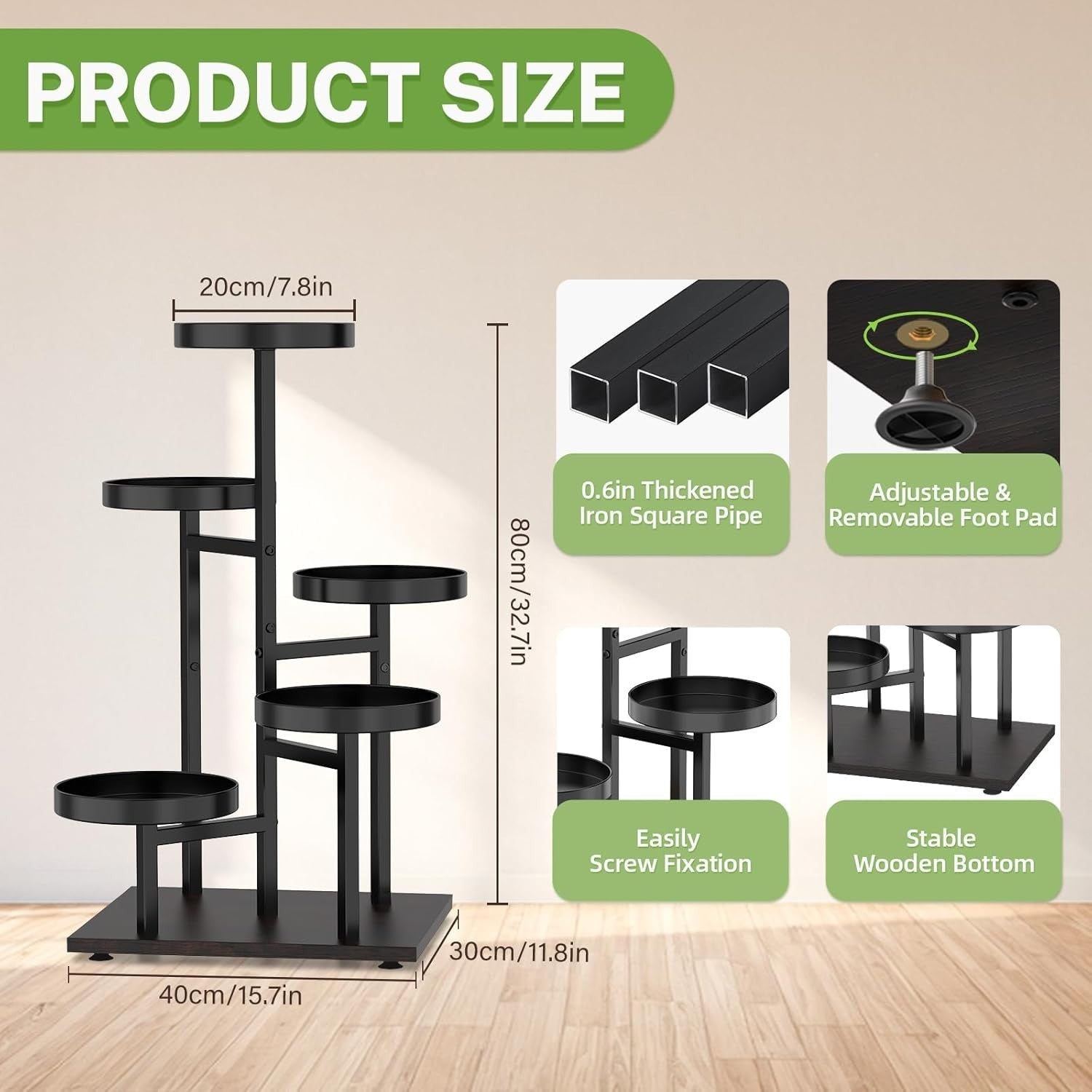 5-Tier Black Walnut Metal & Wood Plant Stand | Corner Indoor Outdoor Shelf