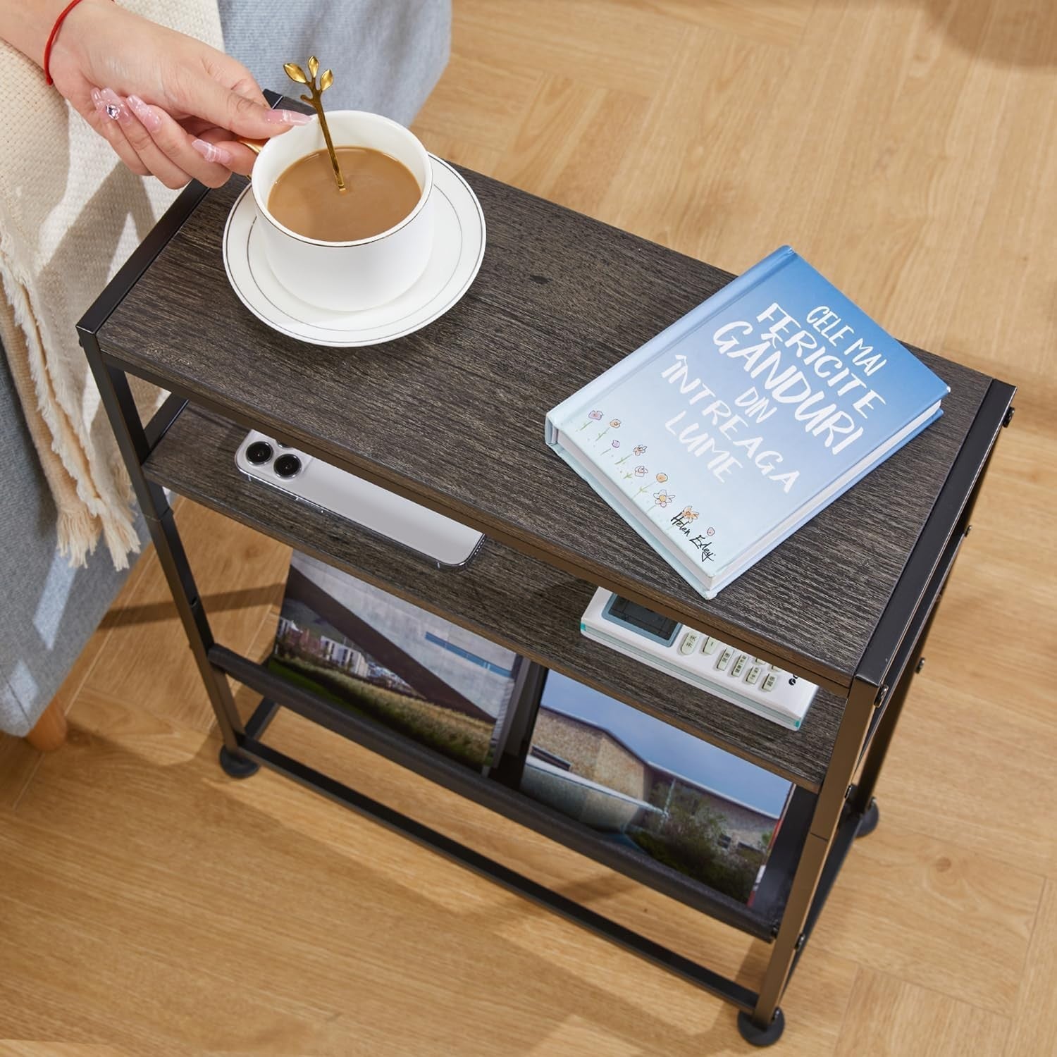 Narrow Side Table with Storage – Slim Grey End Table for Small Spaces & Sofa