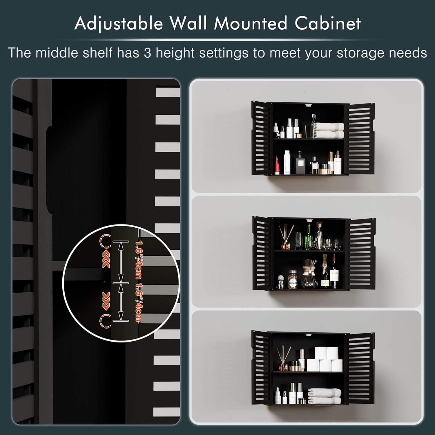 Black Bathroom Wall Cabinet Storage 2 Door Bamboo Unit Adjustable Shelf