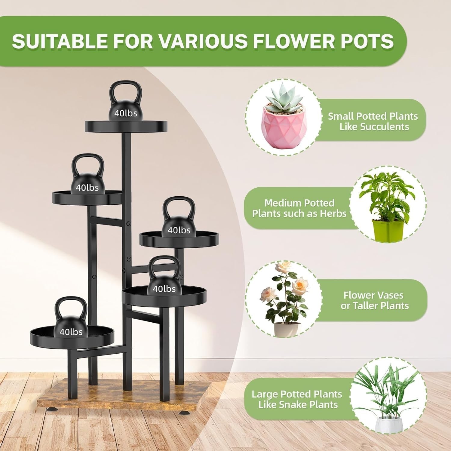 5-Tier Metal & Wood Plant Stand, Corner Indoor Outdoor Flower Display Rack