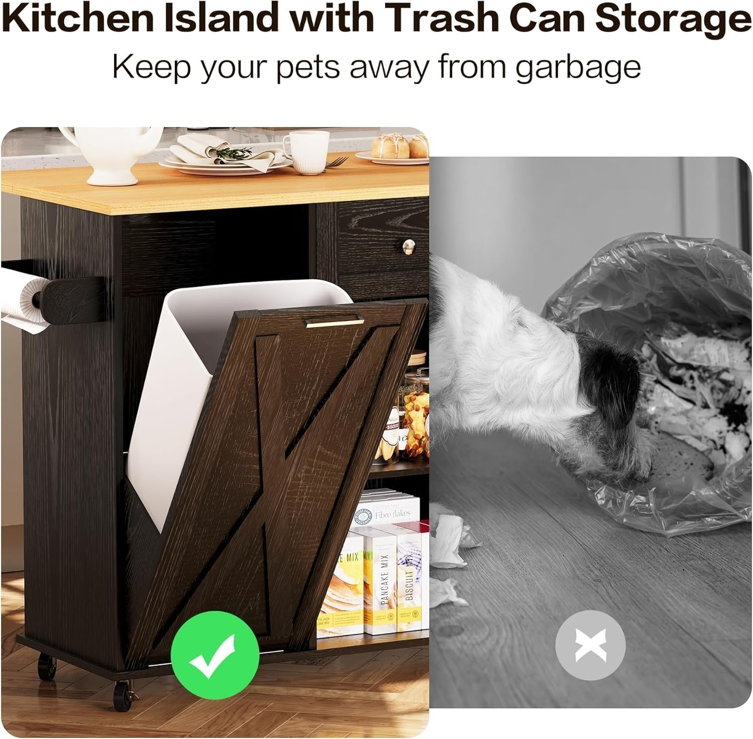 Rolling Kitchen Island Cart with Drop-Leaf, Trash Storage & Spice Rack