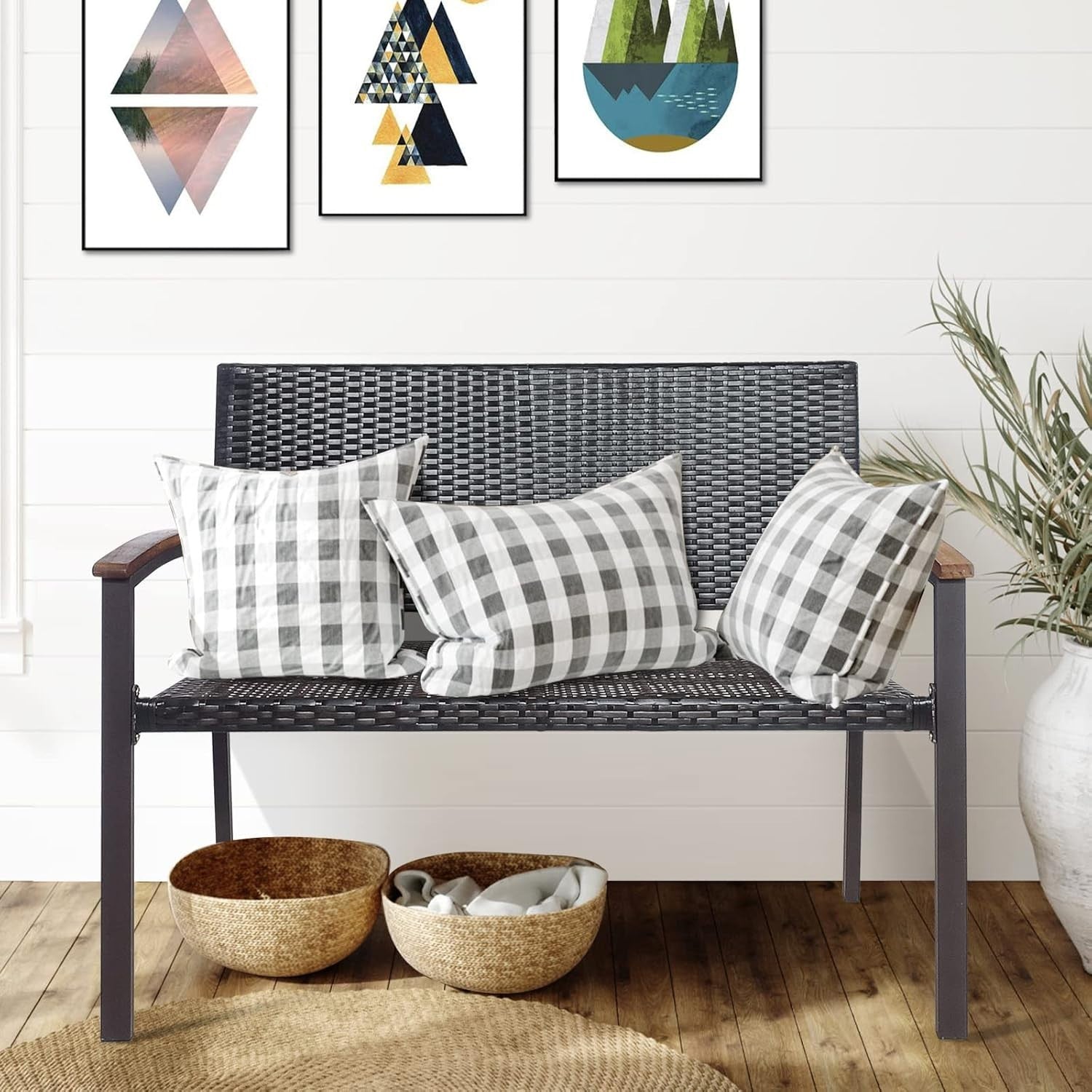 2 Seater Outdoor Rattan Garden Bench with Wood Armrests Patio Seating