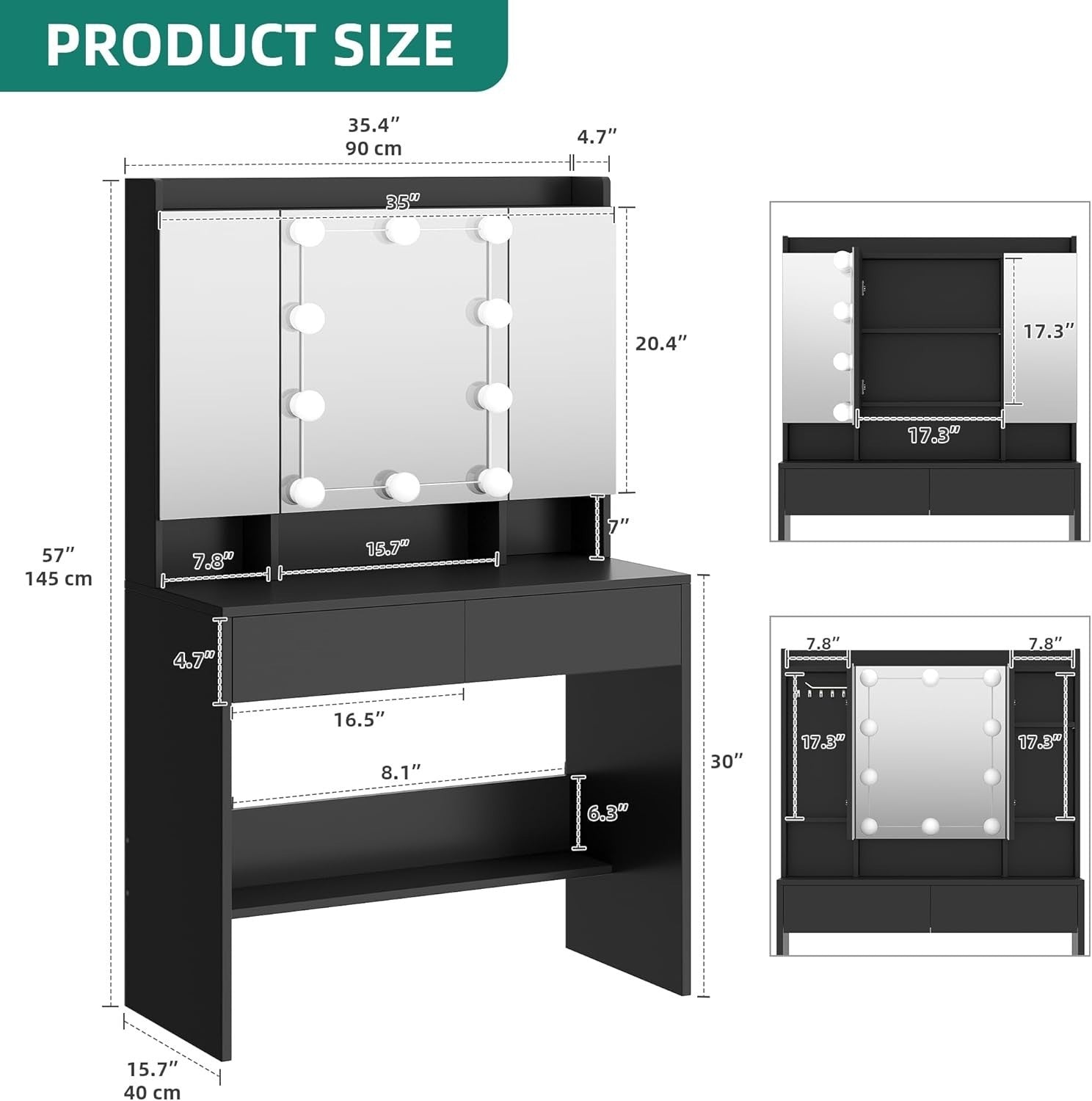 Black Dressing Table Vanity Set with 3 Mirrors, 9 LED Lights, 2 Drawers Storage