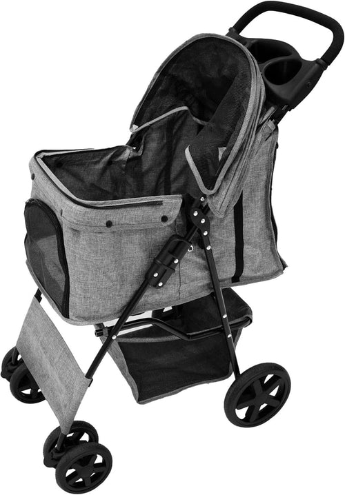 Woven Grey Pet Stroller Pushchair Foldable Travel Pram for Dogs Cats