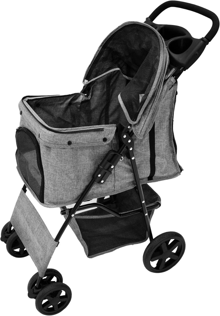 Woven Grey Pet Stroller Pushchair Foldable Travel Pram for Dogs Cats