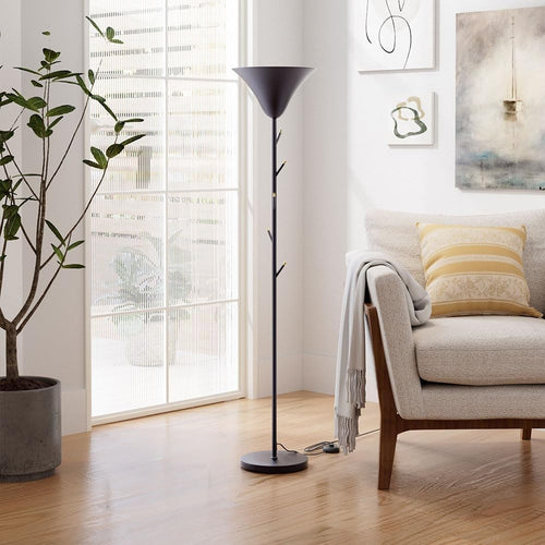 Black Floor Lamp with Coat Rack Hooks Standing Reading Light E14