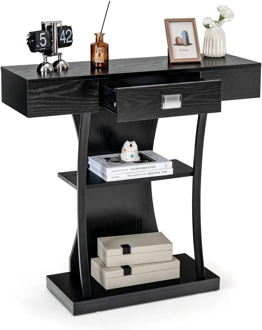 Black T-Shaped Console Table with Drawer & Shelves – Slim Hallway Storage
