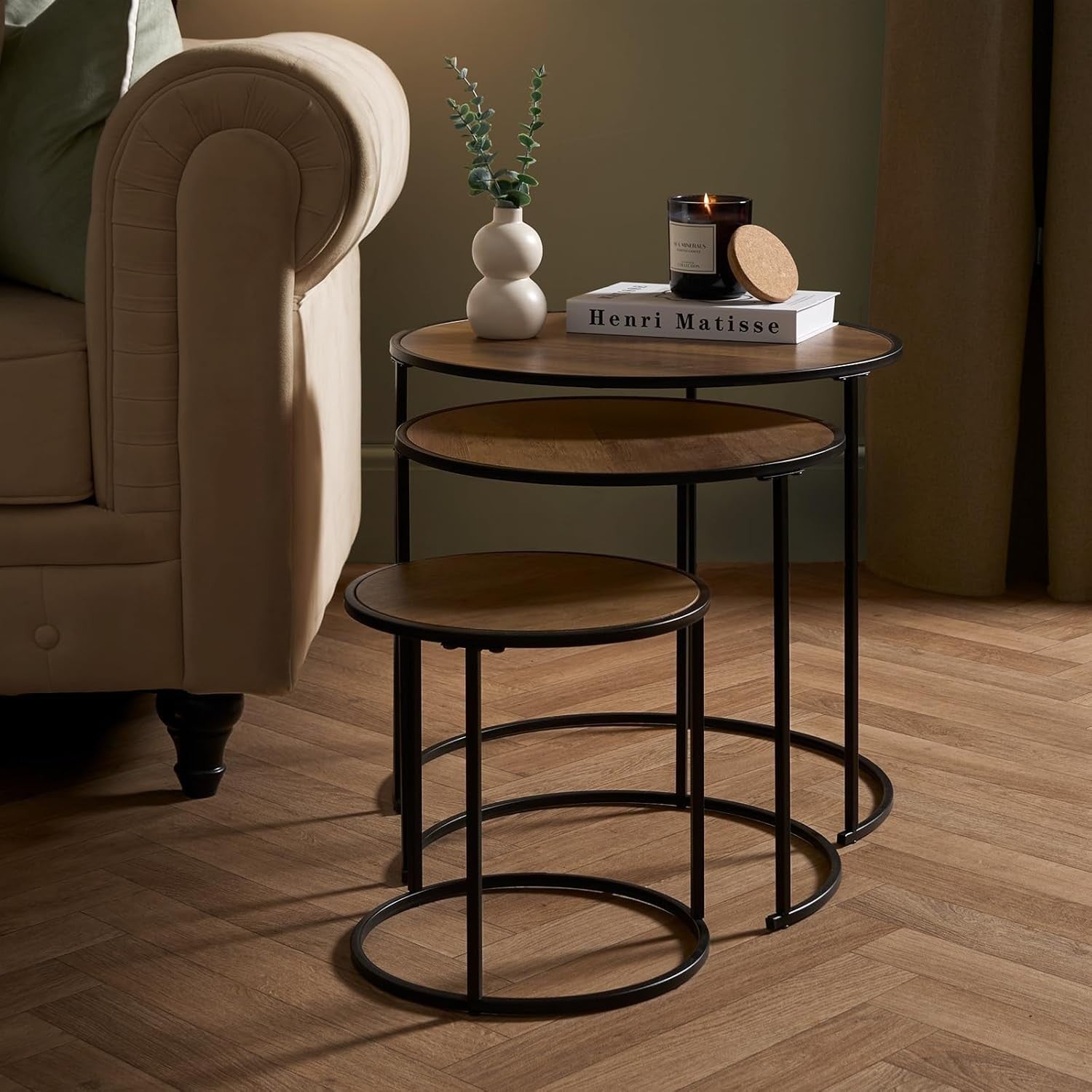 Nest of Tables Set 3 Modern Coffee Side End Table Wood Top Metal Frame Black