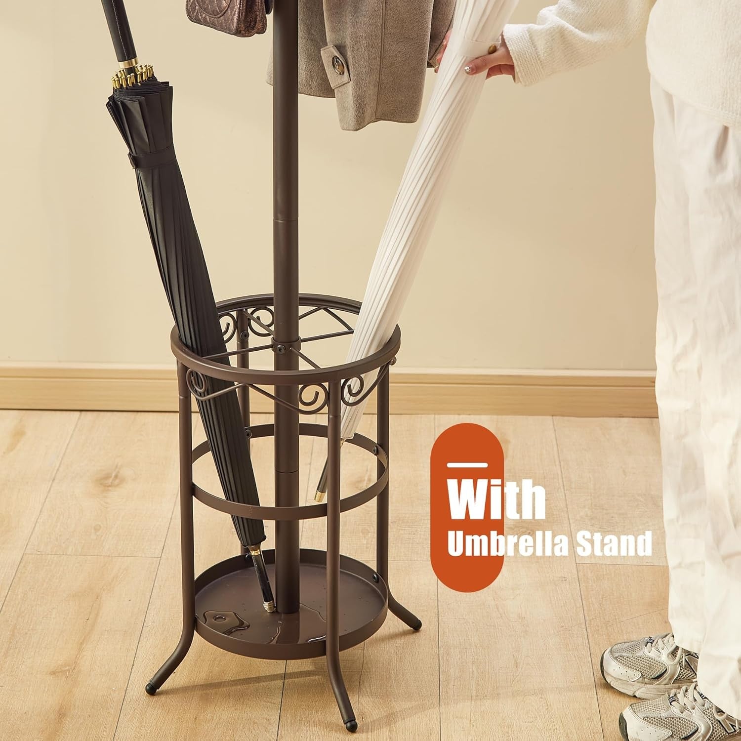 Freestanding Metal Coat Rack 12 Hooks with Umbrella Holder Brown Stand