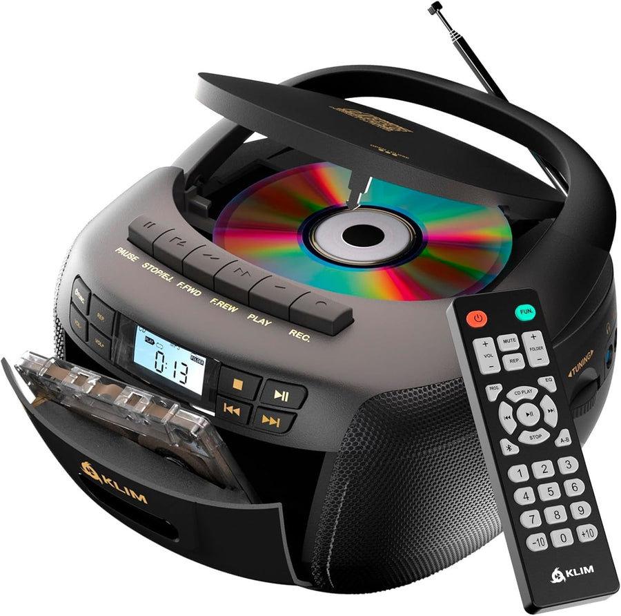 CD Cassette Player Boombox Bluetooth AM FM Radio USB AUX Black Gold