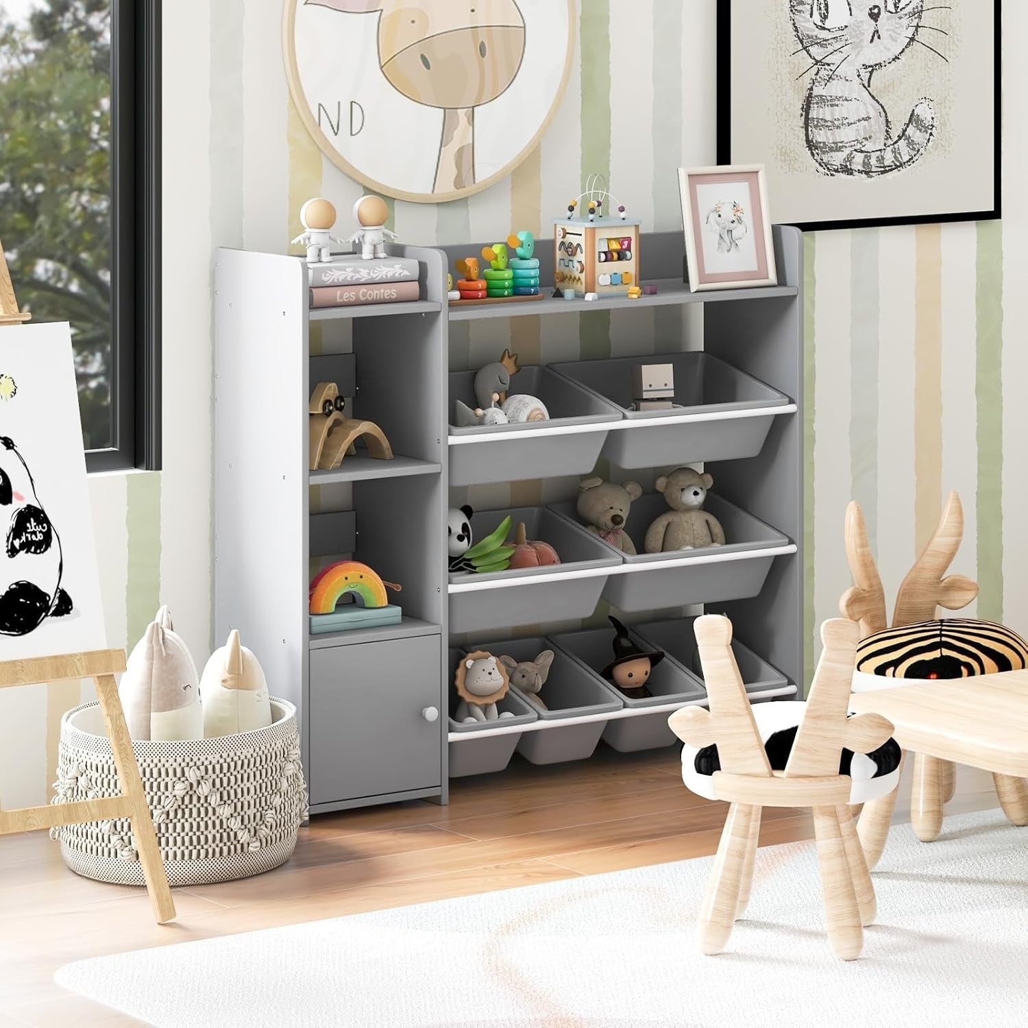 4 Tier Kids Toy Storage Unit with Bins Bookshelf & Cabinet Grey 112x30x100cm