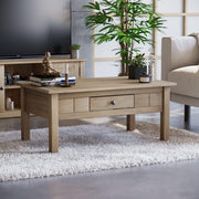 Rustic Natural Oak Coffee Table with Storage Drawer, Solid Pine Wood 60x100cm