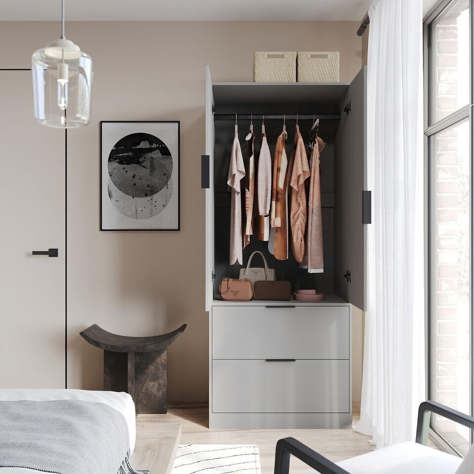 Grey Wardrobe 2 Door 2 Drawer Hanging Rail Shelf Bedroom Storage Unit