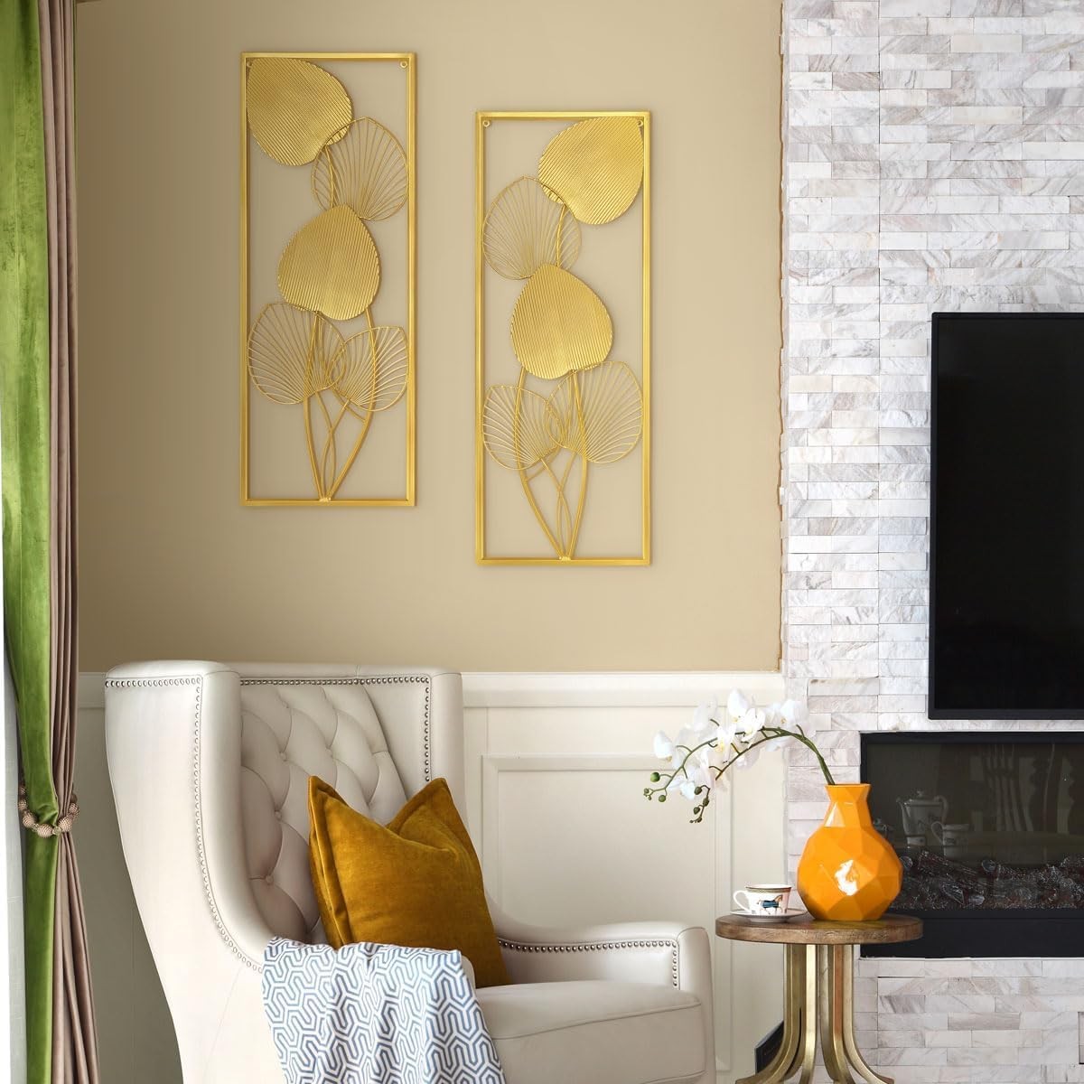 2Pcs Gold Metal Leaf Wall Art 32x12in Framed Panels